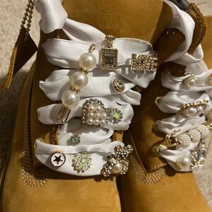 Embellished Tan Boots with White Ribbon
